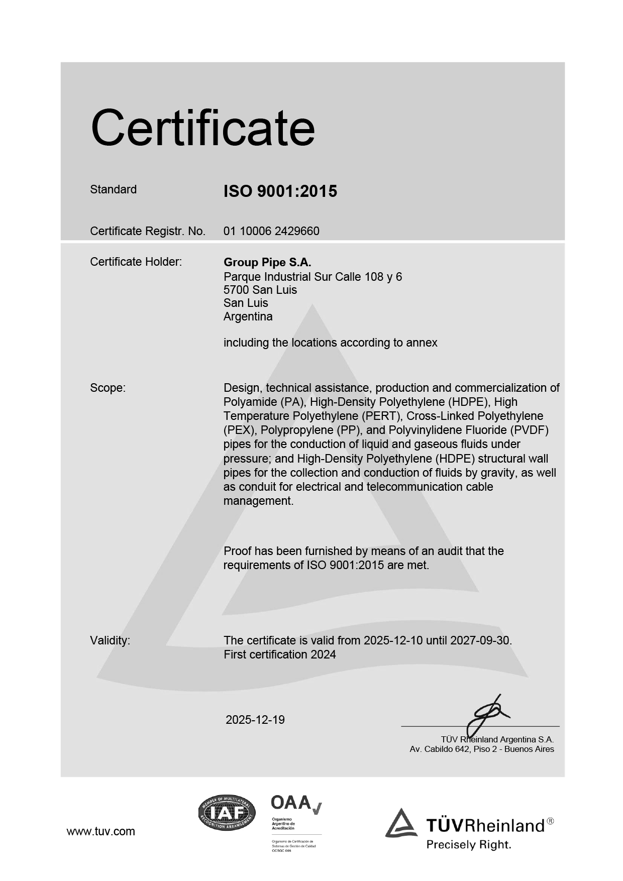 Certificado ISO 9001 - Ingles